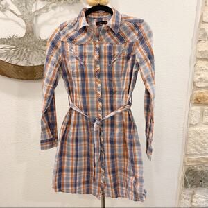 Lux Urban Outfitters Western Style Plaid Shirtdress Blue Orange Small